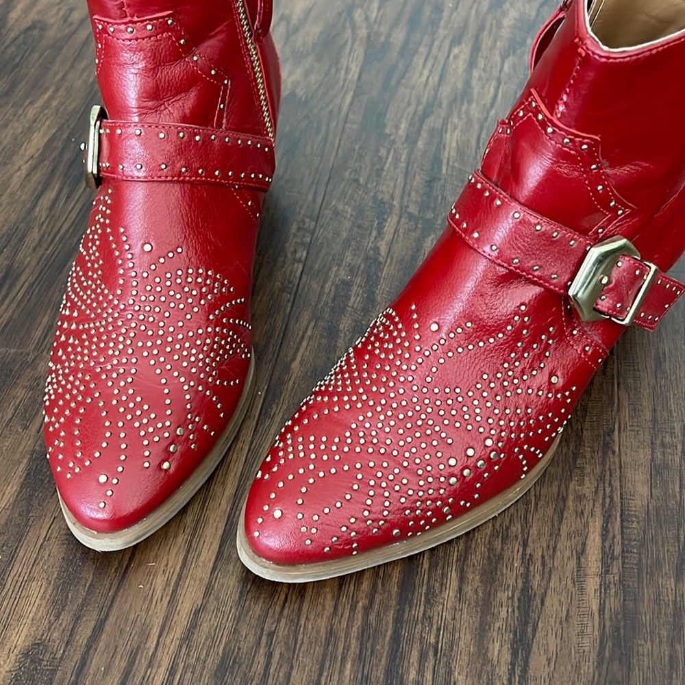 *RARE* Zara Red Leather Studded Western Ankle Boots